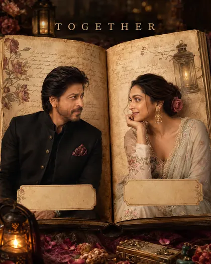 Shah Rukh Khan & Deepika Padukone Inspired Antique Diary Love Story Couple Poster — Wedding AI poster reference
