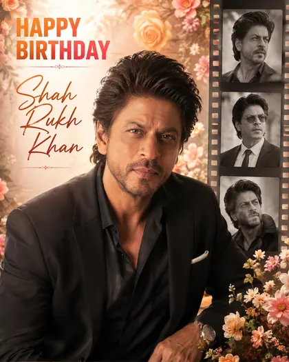 Shah Rukh Khan Inspired Floral Filmstrip Birthday Poster — Birthday AI poster reference