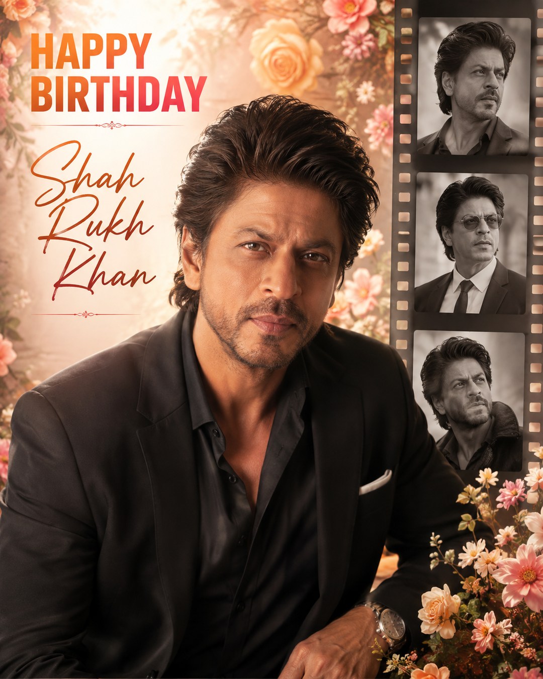Shah Rukh Khan Inspired Floral Filmstrip Birthday Poster reference poster