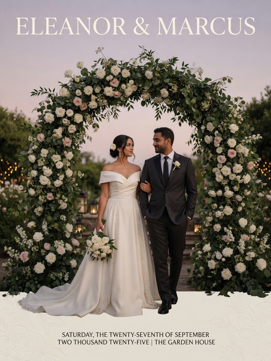 Floral arch wedding couple — Wedding AI poster reference