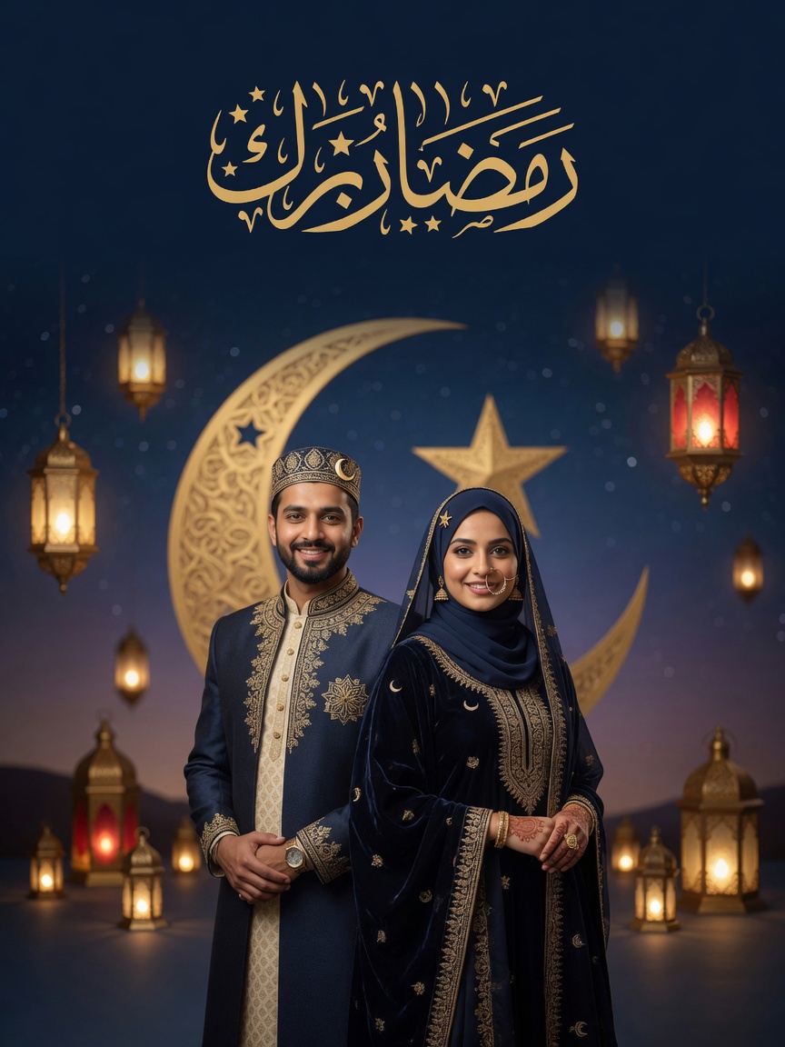 Navy-gold Eid couple — Eid al-Fitr AI poster reference