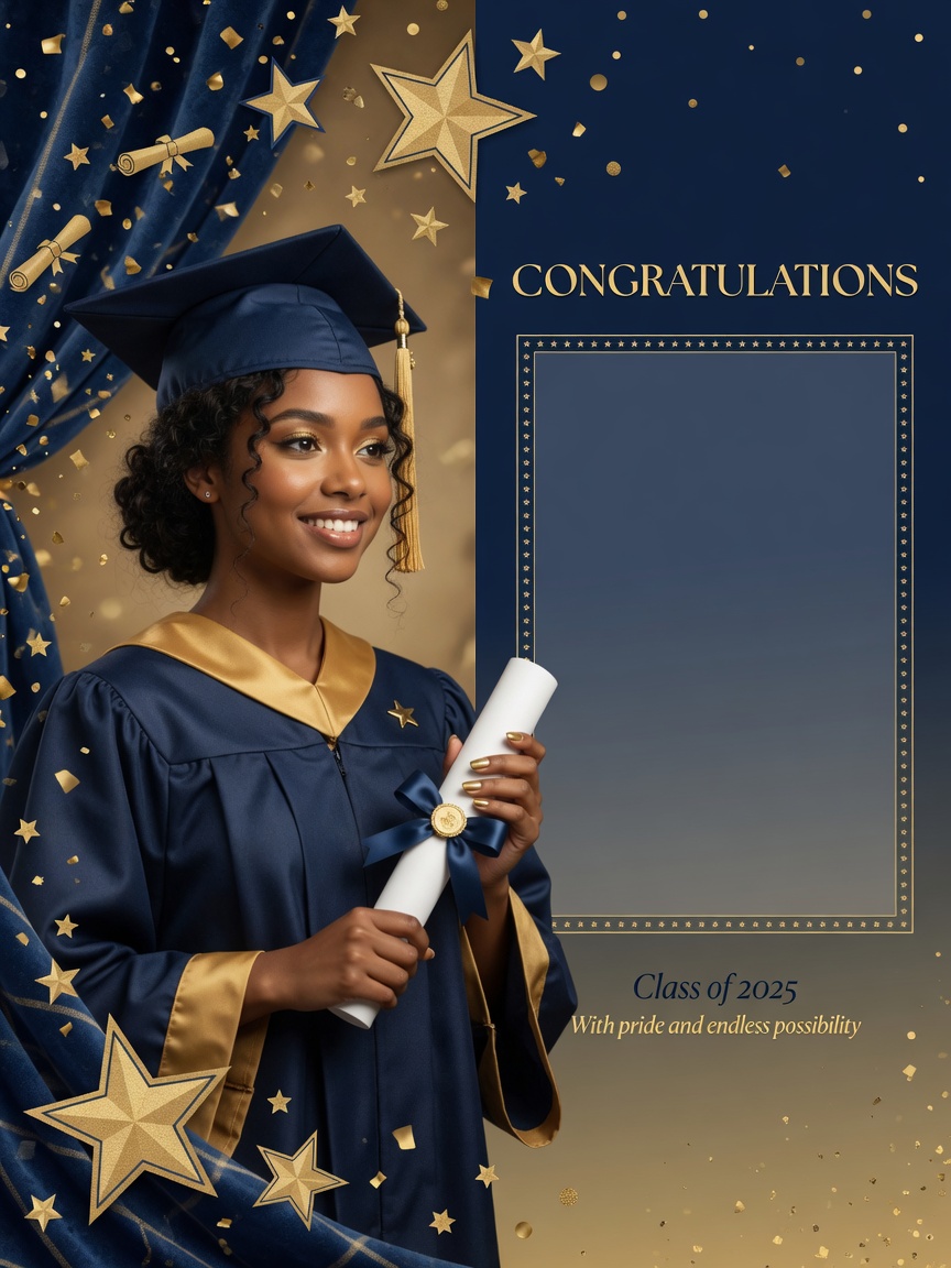 Navy-gold graduation portrait — Graduation AI poster reference