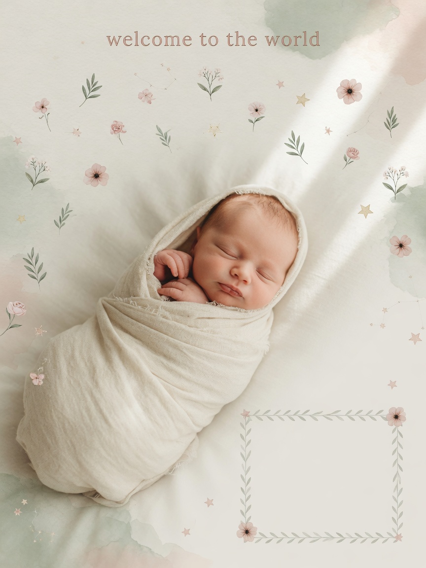 Pastel newborn welcome — Newborn Welcome AI poster reference