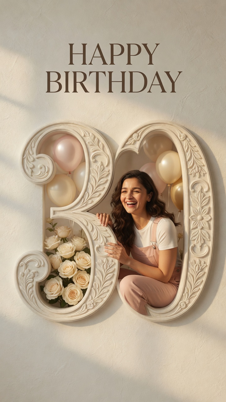 9:16 carved-number luxury — Alia Bhatt — Birthday AI poster reference