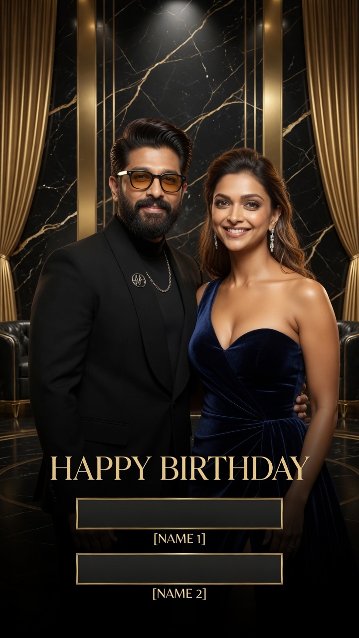 9:16 couple studio — Allu Arjun & Deepika Padukone — Birthday AI poster reference