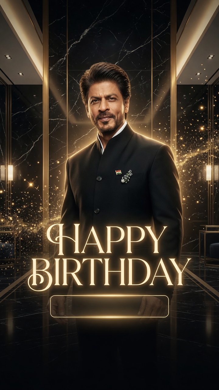 9:16 black-gold luxury — Shah Rukh Khan — Birthday AI poster reference