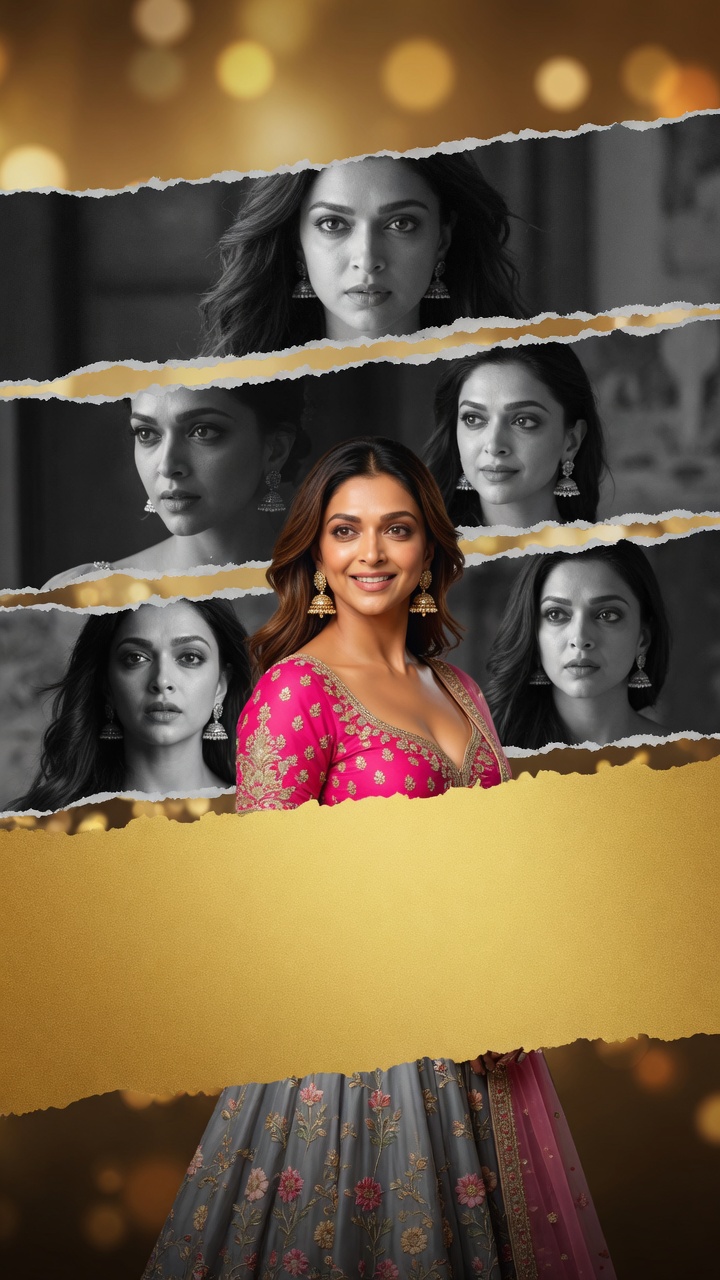 9:16 torn-paper lehenga — Deepika Padukone — Birthday AI poster reference