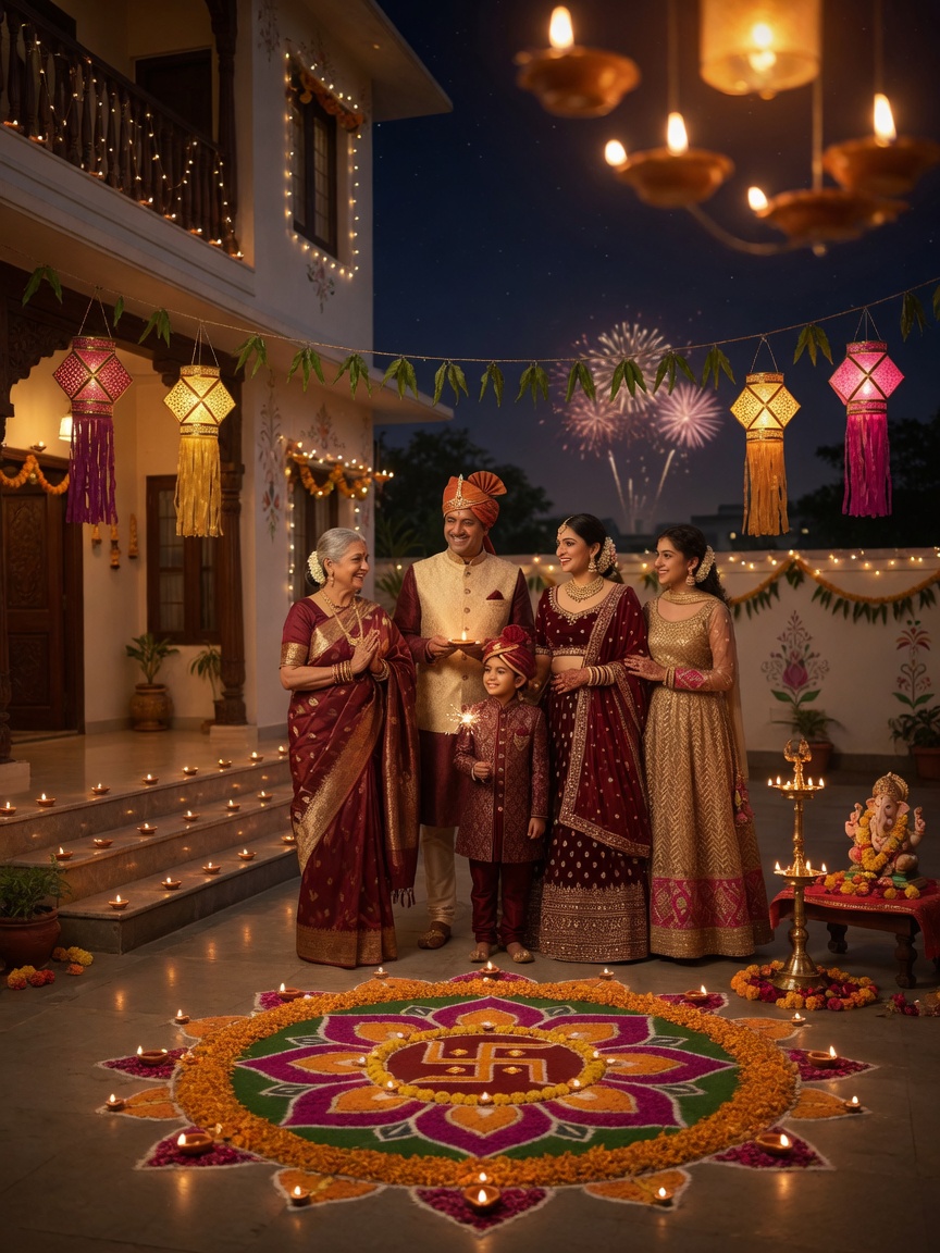Traditional Diwali family courtyard — Diwali AI poster reference