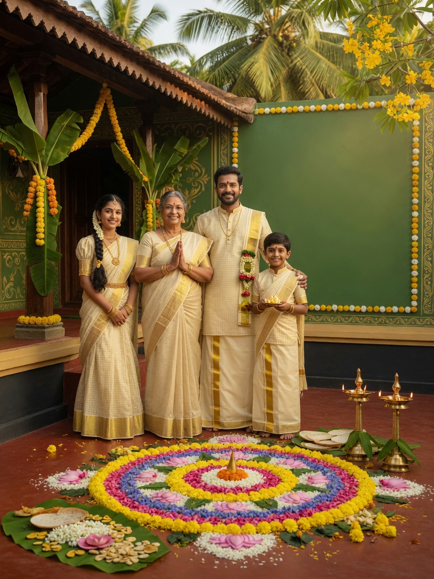 Traditional Onam family pookalam — Onam AI poster reference