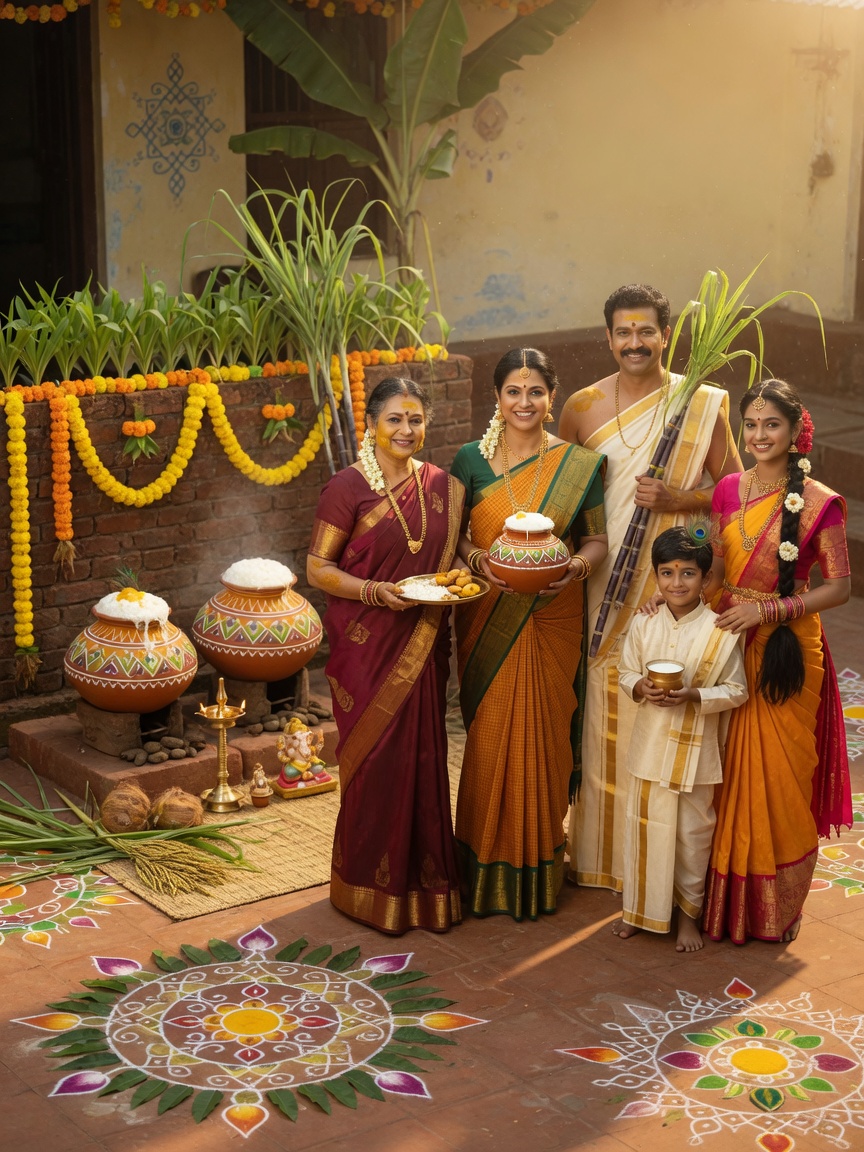 Traditional Pongal family — Pongal AI poster reference